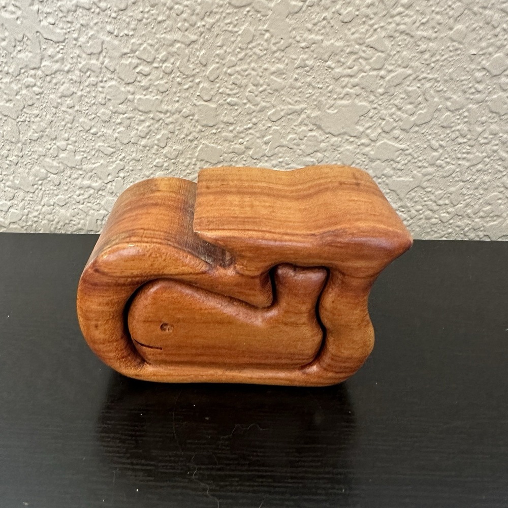 Vintage Whale Carved Trinket Box Redwood Wood MCM Modern Handcrafted Puzzle Box